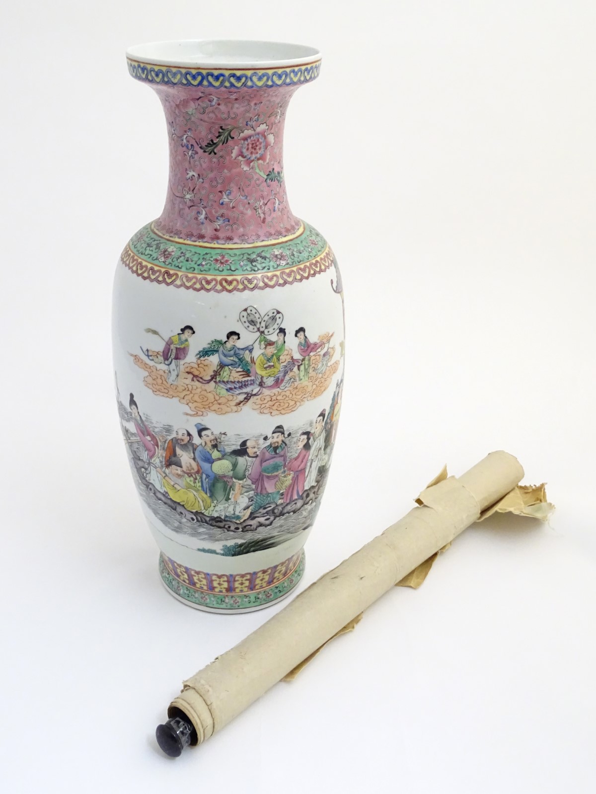 A large 20thC Chinese famille rose vase decorated with imperial figures and elders surrounded by - Image 3 of 13