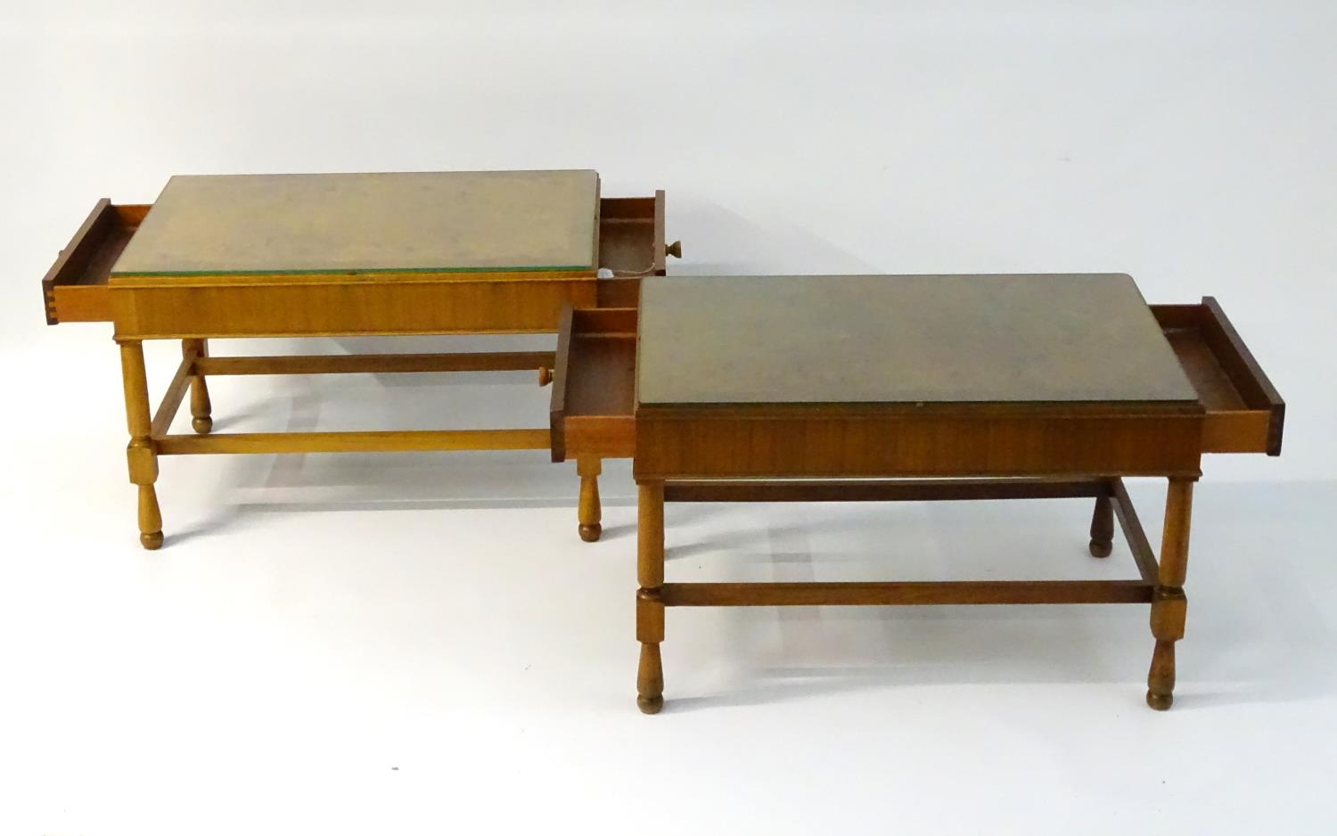 Vintage Retro: a pair of mid century walnut end tables with Teak lining, - Image 8 of 12