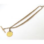 Victorian Sovereign and Watch chain : a gilt metal graduated curblink watch chain with T bar etc.