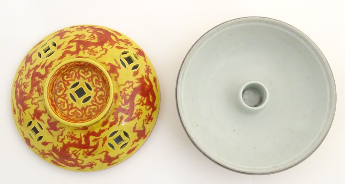 A three-footed Oriental red and yellow circular censer, - Image 6 of 8