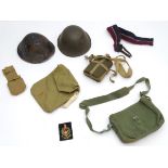 Militaria: an assortment of mid-20thC British army kit, to include two 'turtleshell' helmets,