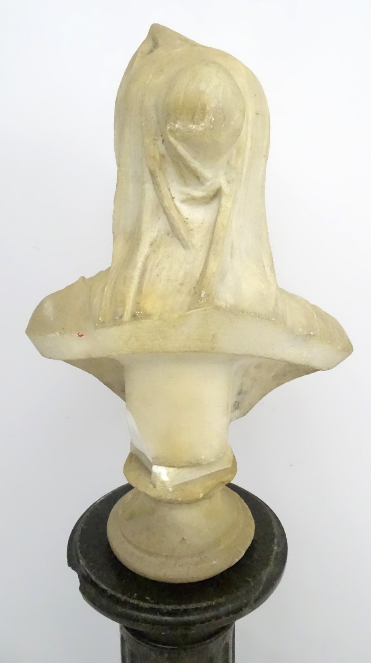 A 19thC fluted granite column and base surmounted by a white marble bust of a veiled woman with - Image 3 of 12