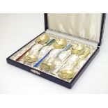 Scandinavian Silver : A cased set of 6 Danish silver gilt spoons with guilloche enamel decoration