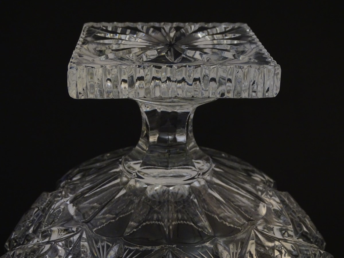 Glass :a cut and pressed moulded lead glass pedestal bowl/tazza with octagonal stem and squared - Image 3 of 7