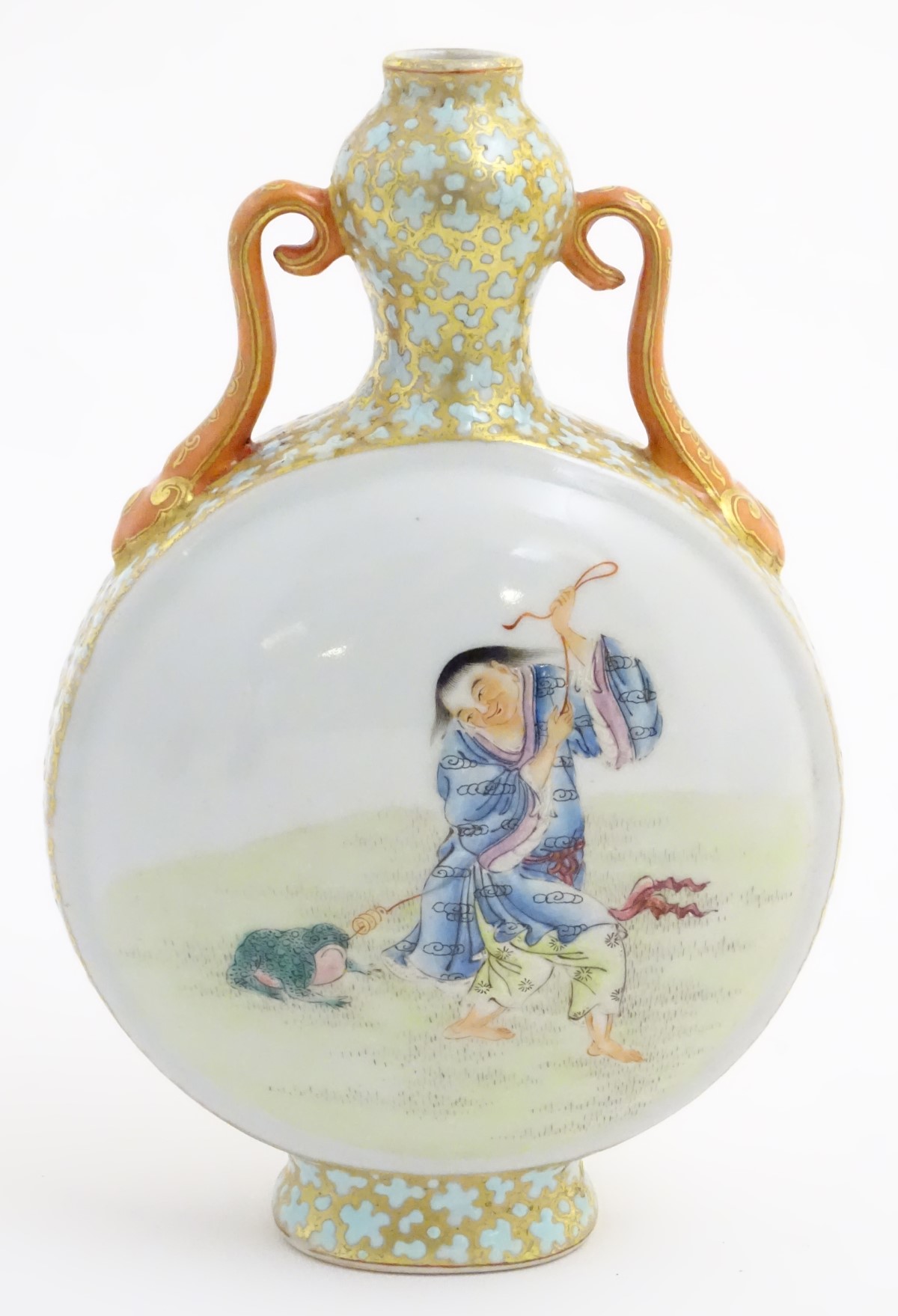 A Chinese twin handled moon vase decorated on one side with a lady and a frog, - Image 4 of 16