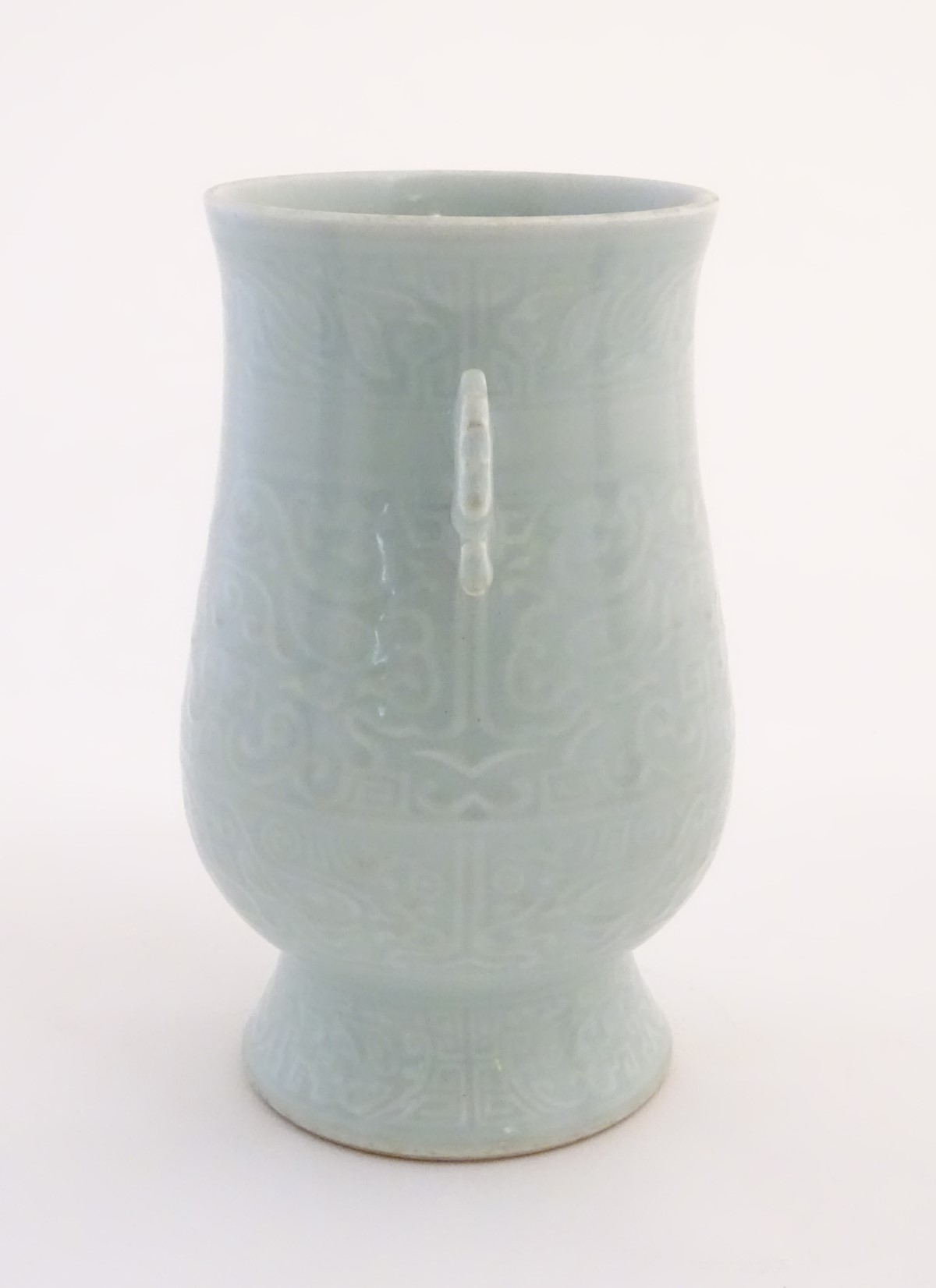 A Chinese celadon 'Jun' shaped vase with scrolling handles, decorated with symbols and patterns. - Image 6 of 8