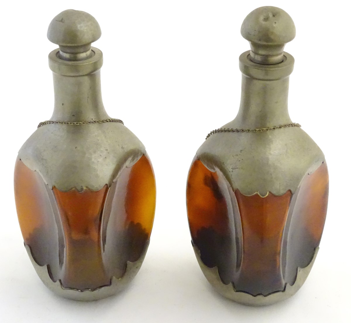 A pair of dimple like brown glass and pewter mounted decanters with bottle tags marked 'Cognac' & - Image 9 of 16