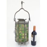 A late 19thC continental stained and leaded glass (with bullseyes) cylindrical pendant lamp,