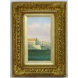 James Hardy XX Marine School, Oil on canvas board, A harbour scene with moored warship,