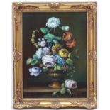 Mayers, late XX, Oil on artist's board, Still life of flowers in an urn on a stone ledge,