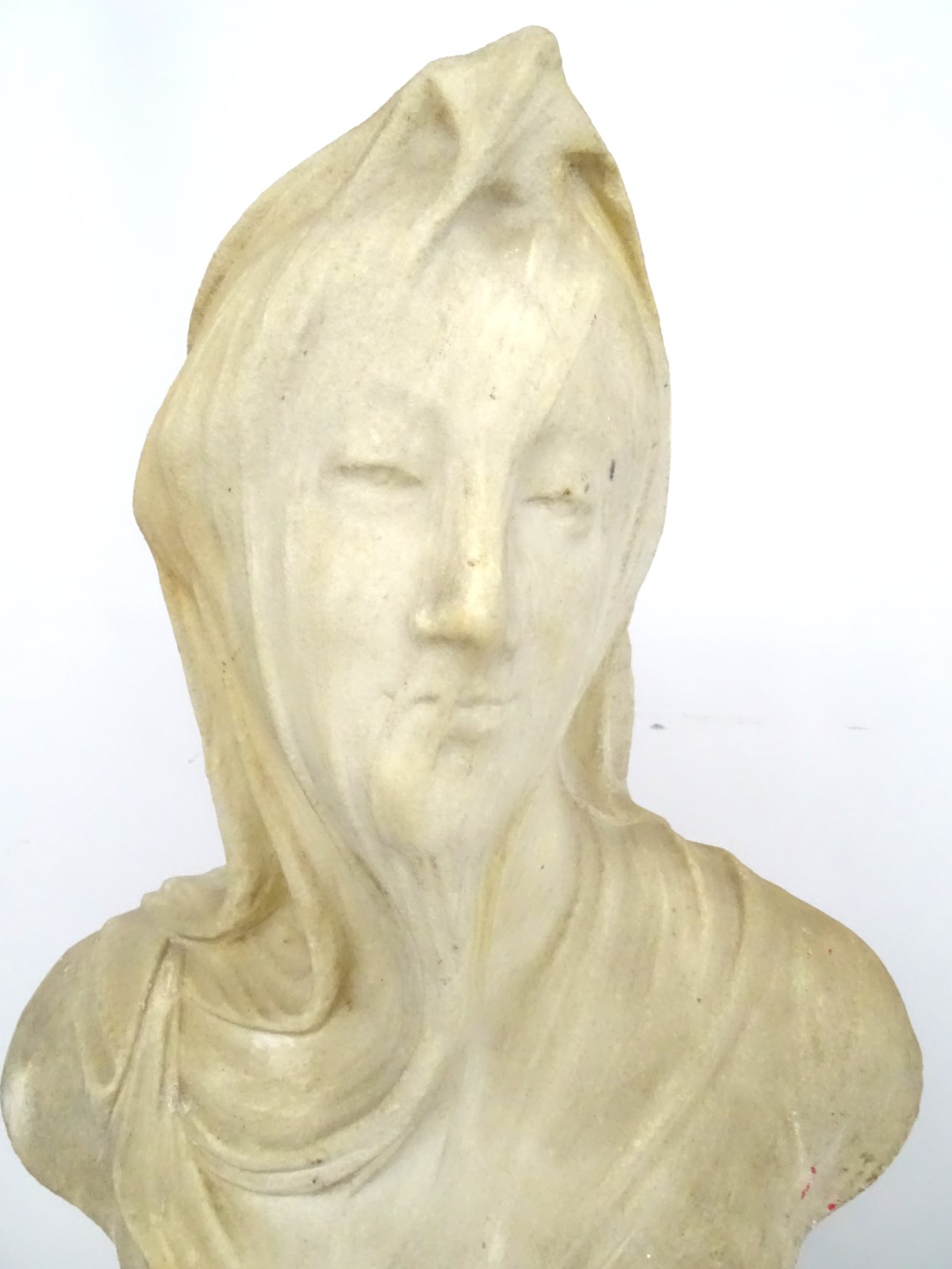 A 19thC fluted granite column and base surmounted by a white marble bust of a veiled woman with - Image 9 of 12