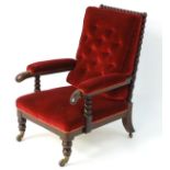 A mid 19thC mahogany open armchair chair with a bobbin turned back frame and button back upholstery,