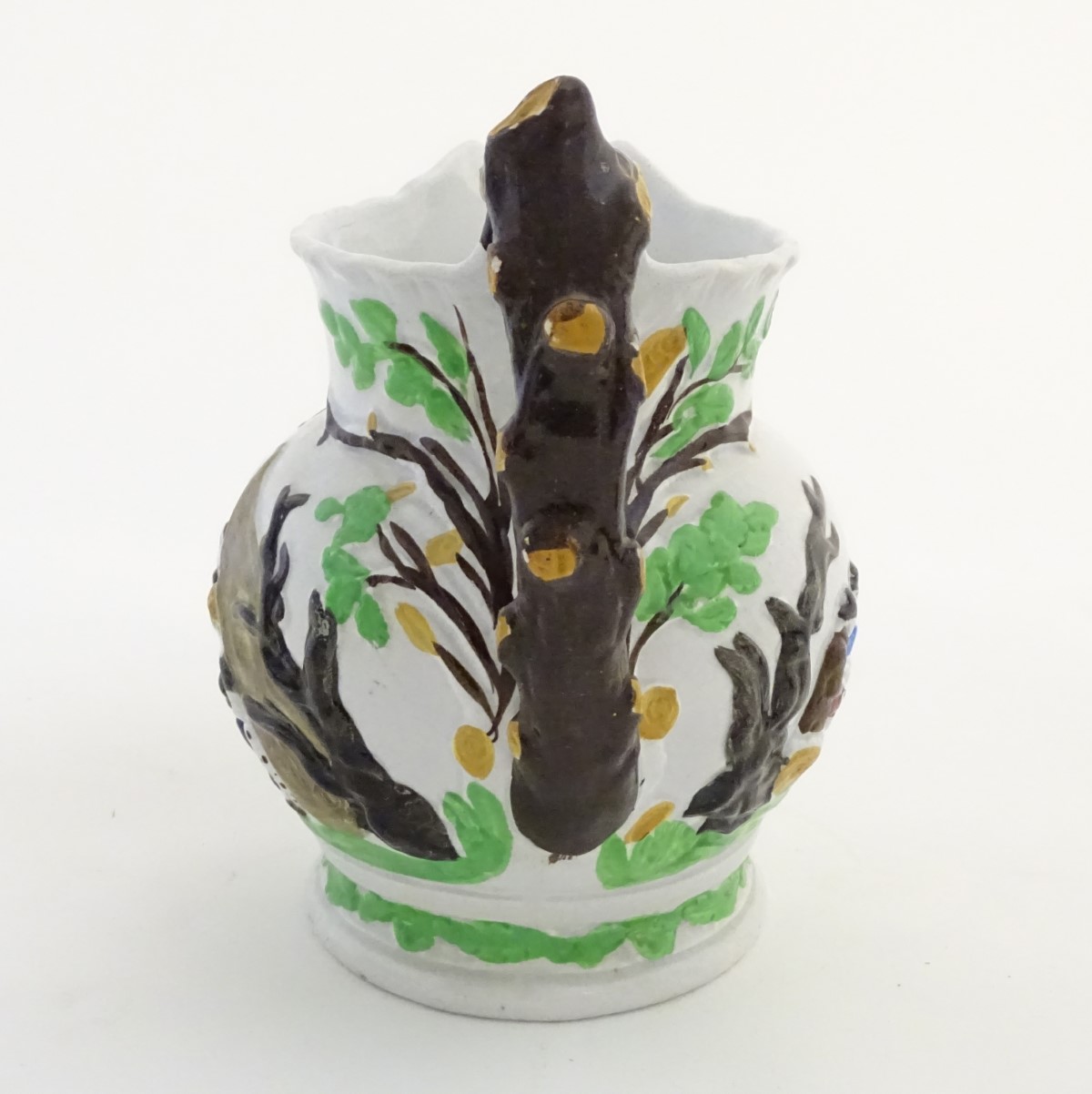 A 19thC Staffordshire Pottery Pratt style jug, depicting figures in a landscape with dogs, a horse, - Image 5 of 8