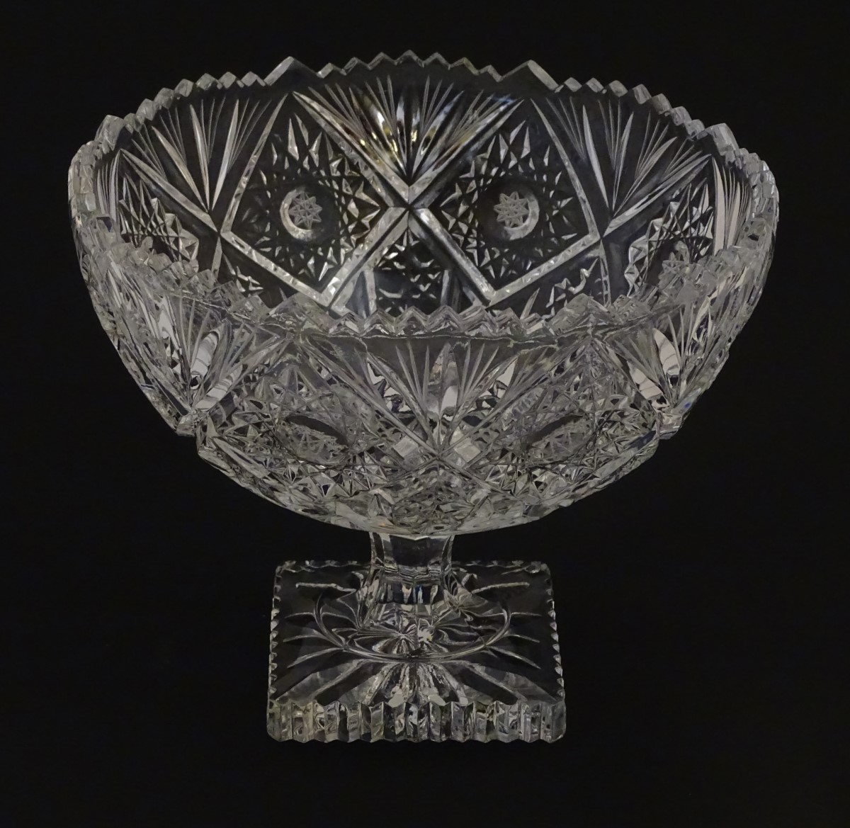 Glass :a cut and pressed moulded lead glass pedestal bowl/tazza with octagonal stem and squared - Image 4 of 7