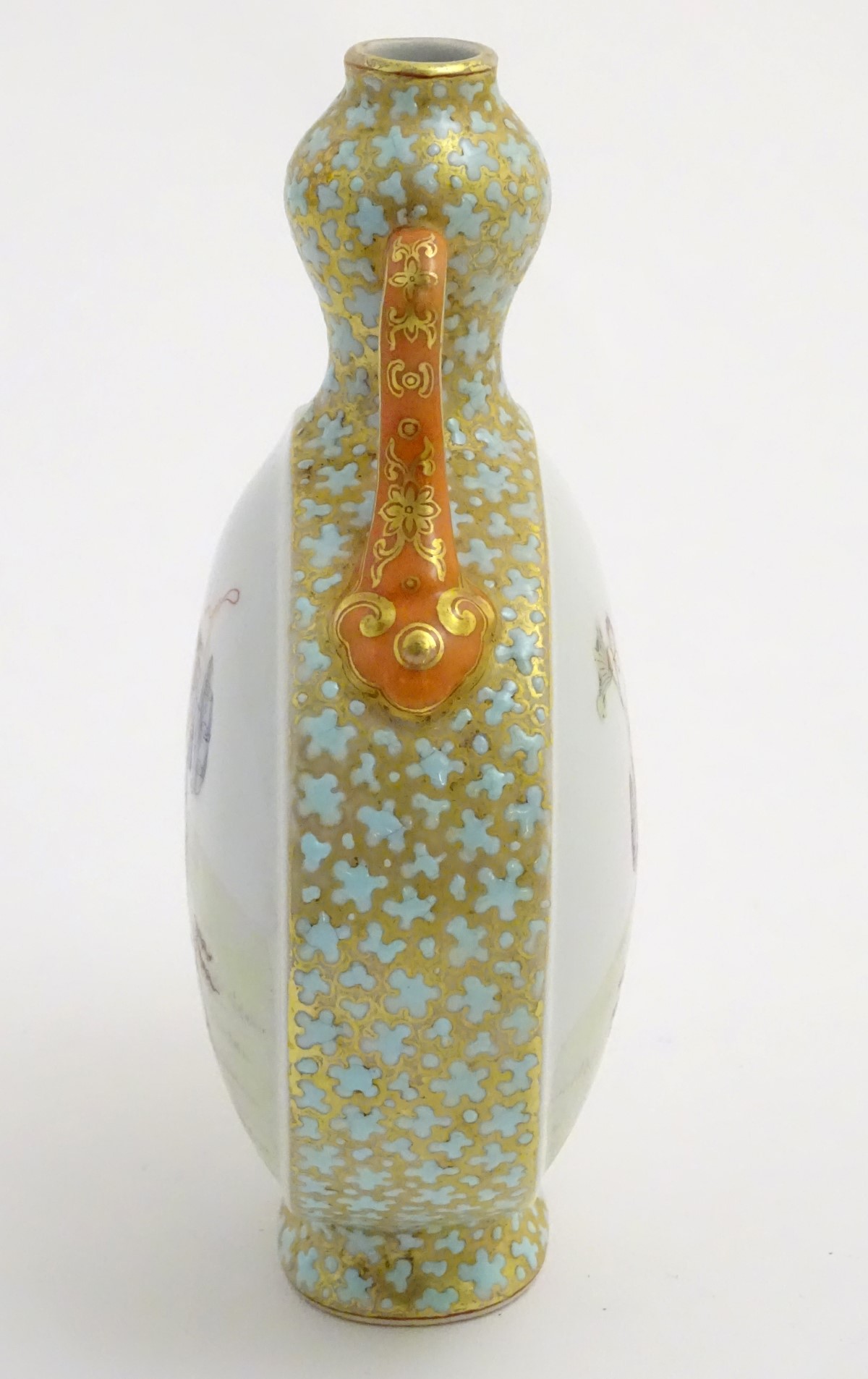 A Chinese twin handled moon vase decorated on one side with a lady and a frog, - Image 5 of 16