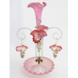 Victorian Vaseline Cranberry Glass Epergne/centrepiece: a flared wavy rim base with two clear