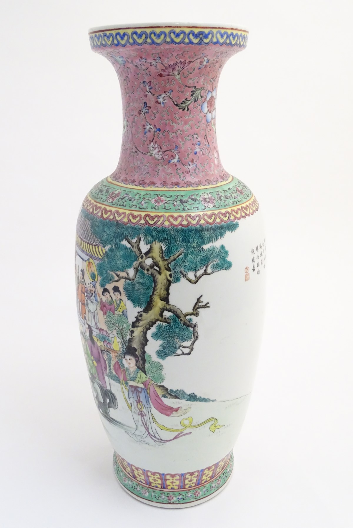 A large 20thC Chinese famille rose vase decorated with imperial figures and elders surrounded by - Image 5 of 13