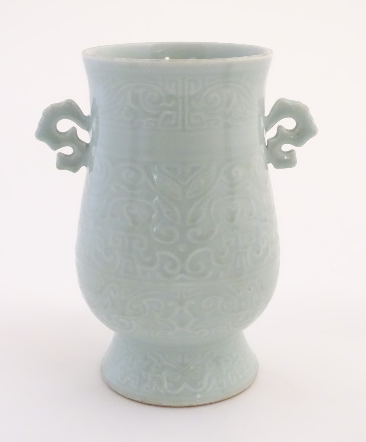 A Chinese celadon 'Jun' shaped vase with scrolling handles, decorated with symbols and patterns. - Image 3 of 8