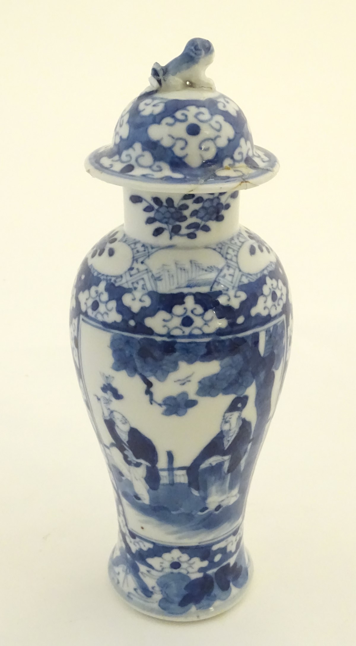 A Chinese blue and white ginger jar decorated with a floral pattern and two panels depicting an - Image 5 of 7