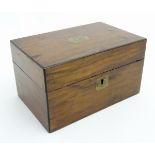 A Victorian walnut ladies box with pleated green silk lid interior, paper lined interior,