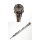 A 19thC white metal pencil set with engraved rock crystal seal to end.
