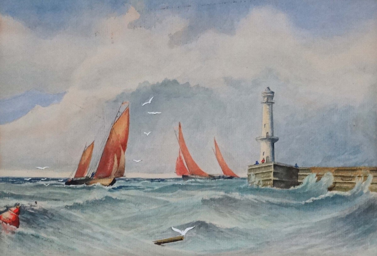 K Hoogendijk 1953 Marine School, Watercolour, Sailboats off a port near lighthouse, - Image 5 of 10