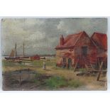 Remains of Signature (XIX), Oil on canvas board, Figures ,fishing huts and boats at waters edge,