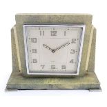 An Art Deco shagreen mantel clock: an 8 day Swiss square faced shagreen and chromium cased clock