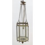Hall lantern: a brass Rise and Fall glazed lamp now converted to electricity,