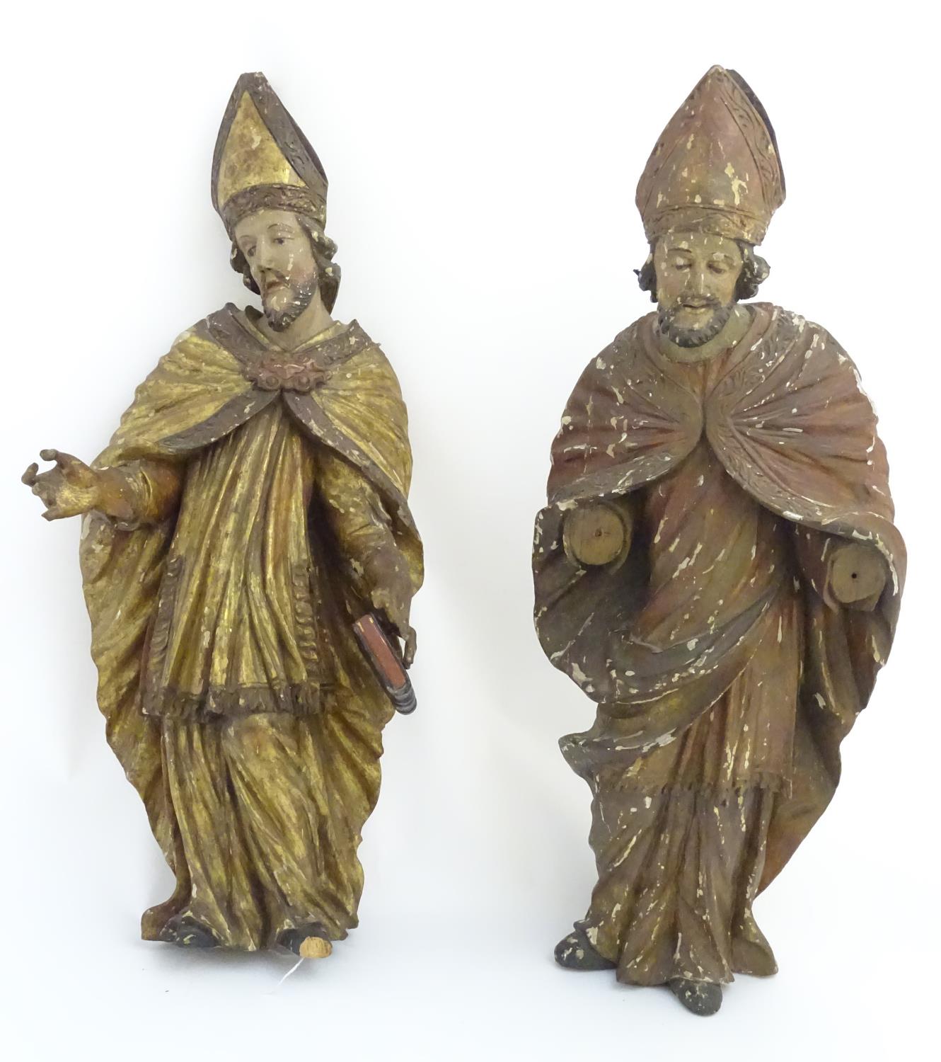 17thC /18thC carved, gilded and polychromed figures: two bishops, - Image 2 of 18