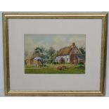 Ward Heys (XIX), Watercolour and gouache, A thatched Timbered Cottage in the country with hay rick,