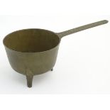 Skillet: a mid 18thC Welsh phosphor-bronze three stile footed cooking pan with the name 'P.