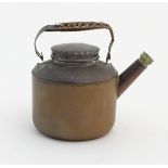 Picnic Kettle: A small copper kettle with brass fitments and wicker wrapped handle. Marked '...