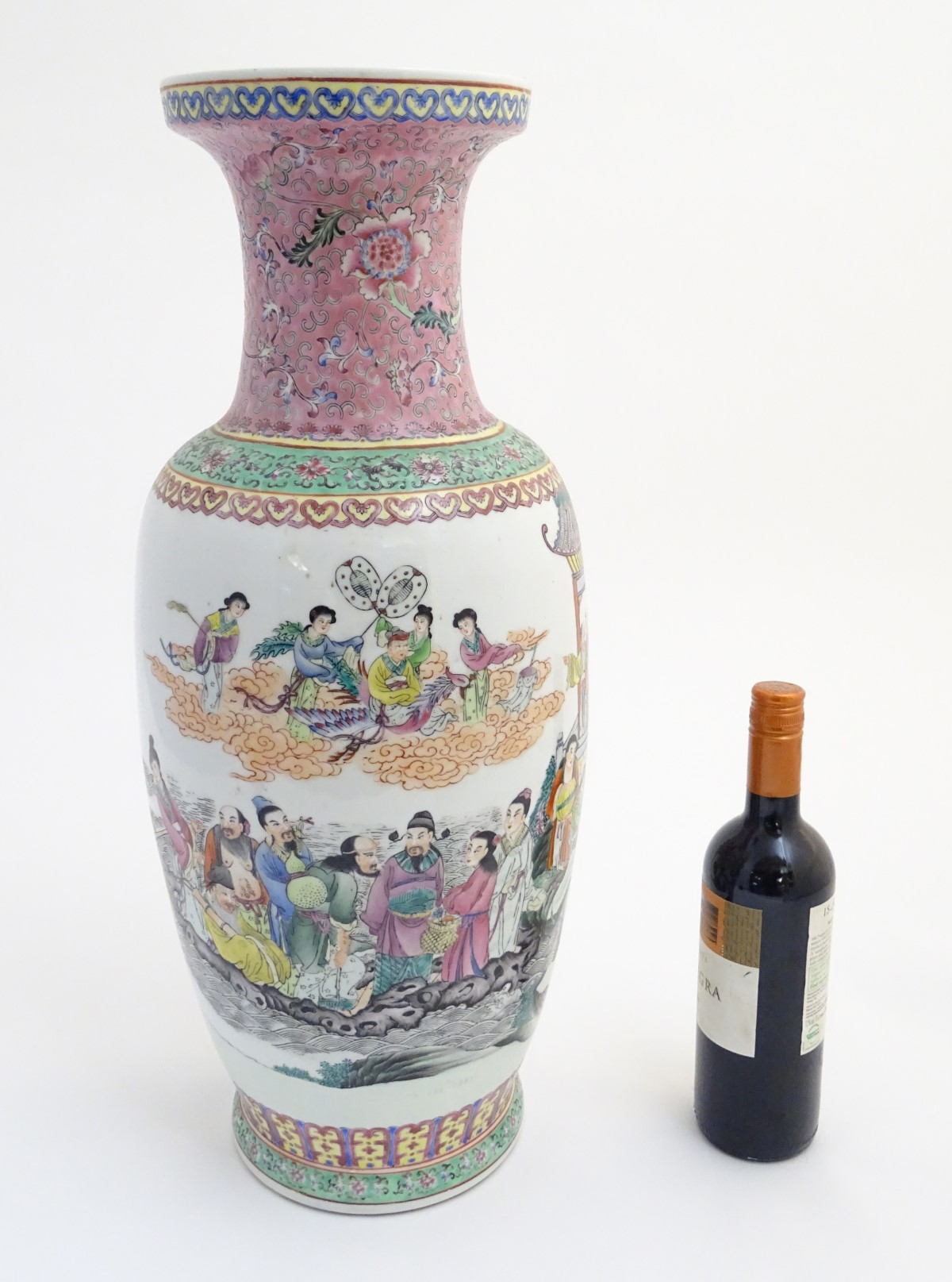 A large 20thC Chinese famille rose vase decorated with imperial figures and elders surrounded by - Image 13 of 13