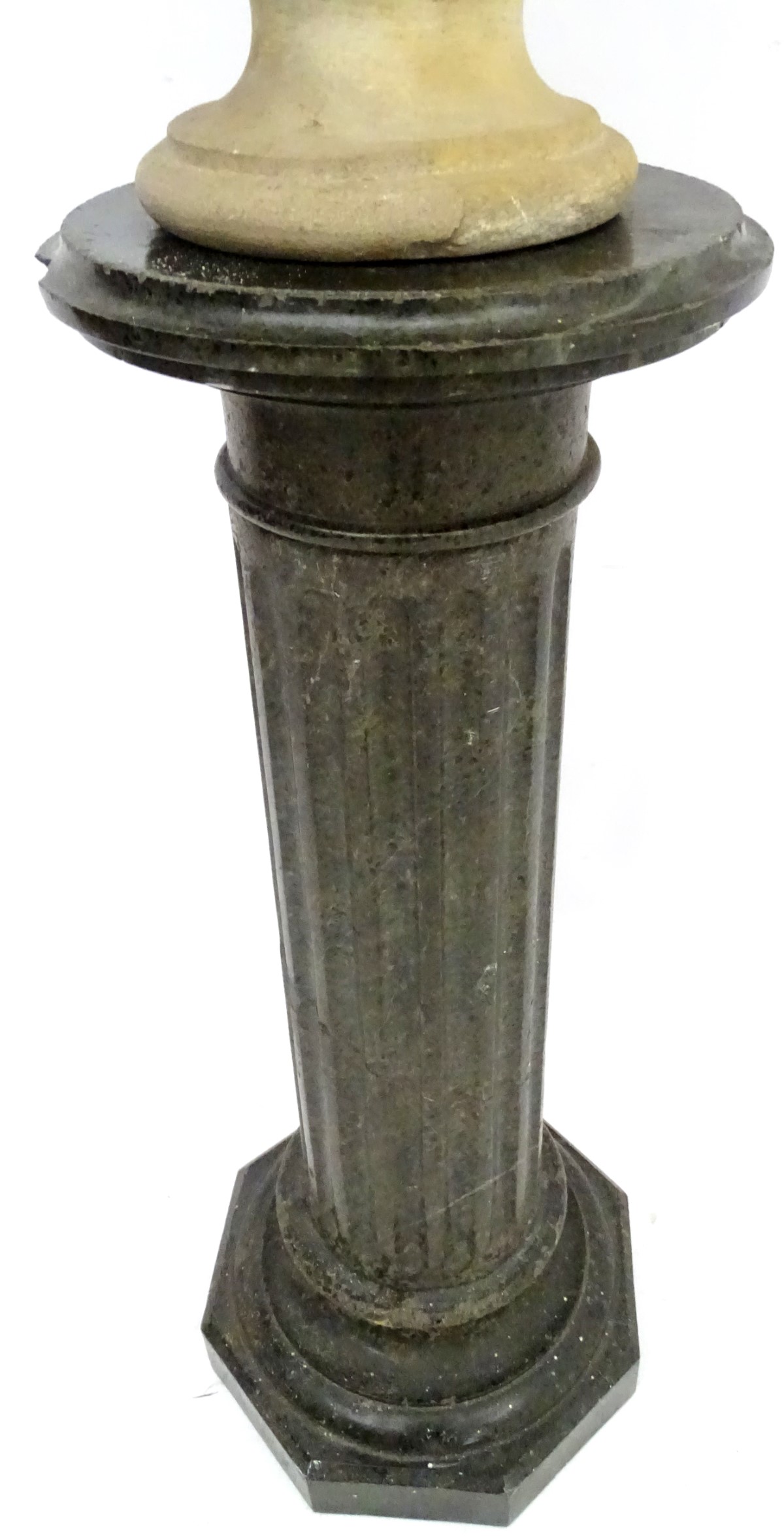 A 19thC fluted granite column and base surmounted by a white marble bust of a veiled woman with - Image 11 of 12