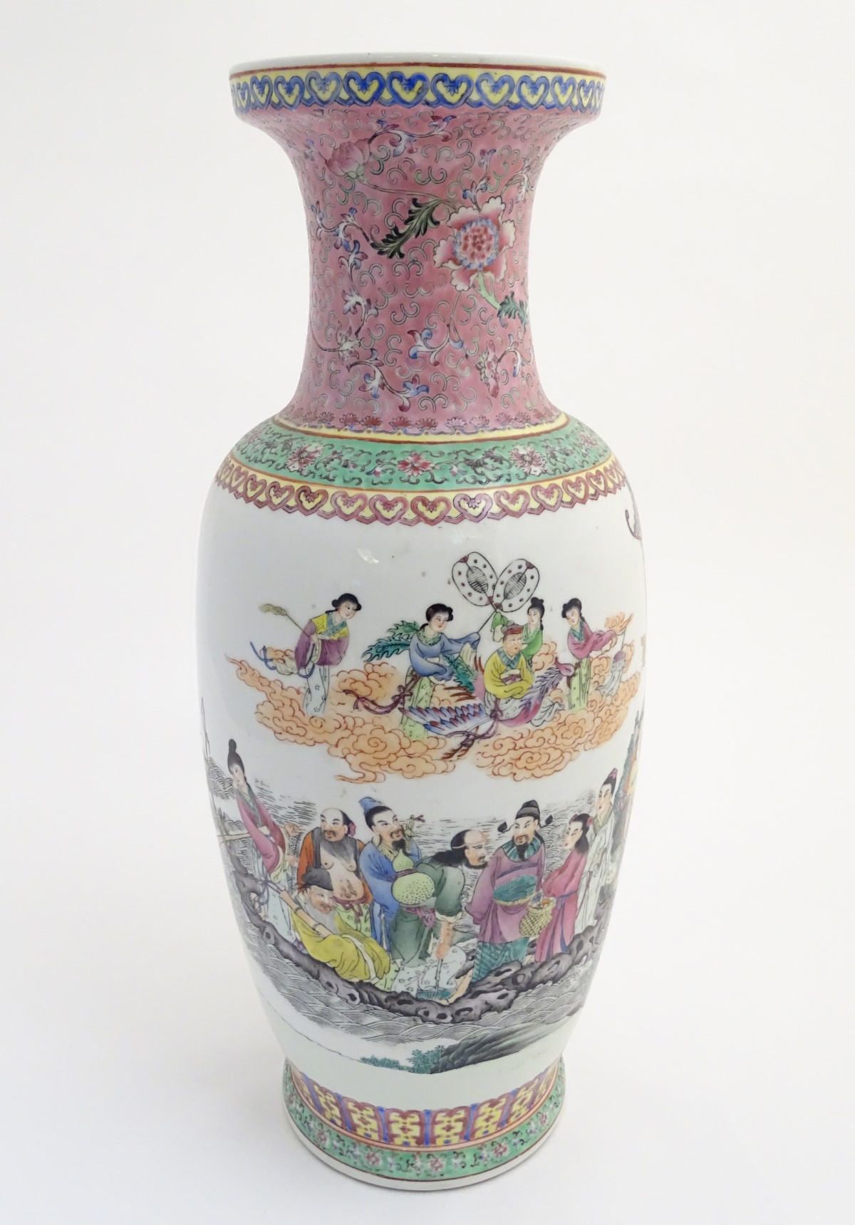 A large 20thC Chinese famille rose vase decorated with imperial figures and elders surrounded by - Image 4 of 13