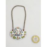 French wine label / bottle tag: an enamel shaped hand decorated 'Port' label with brass bottle neck