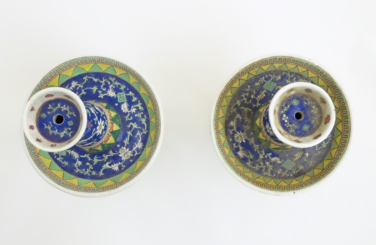 A pair of two-sectional Chinese vases decorated with floral and foliate scrolls. Approx. 17 ¾” high. - Image 6 of 9