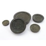 A collection of solid cast brass weights to include Victorian 1 lb and WmIV examples etc.