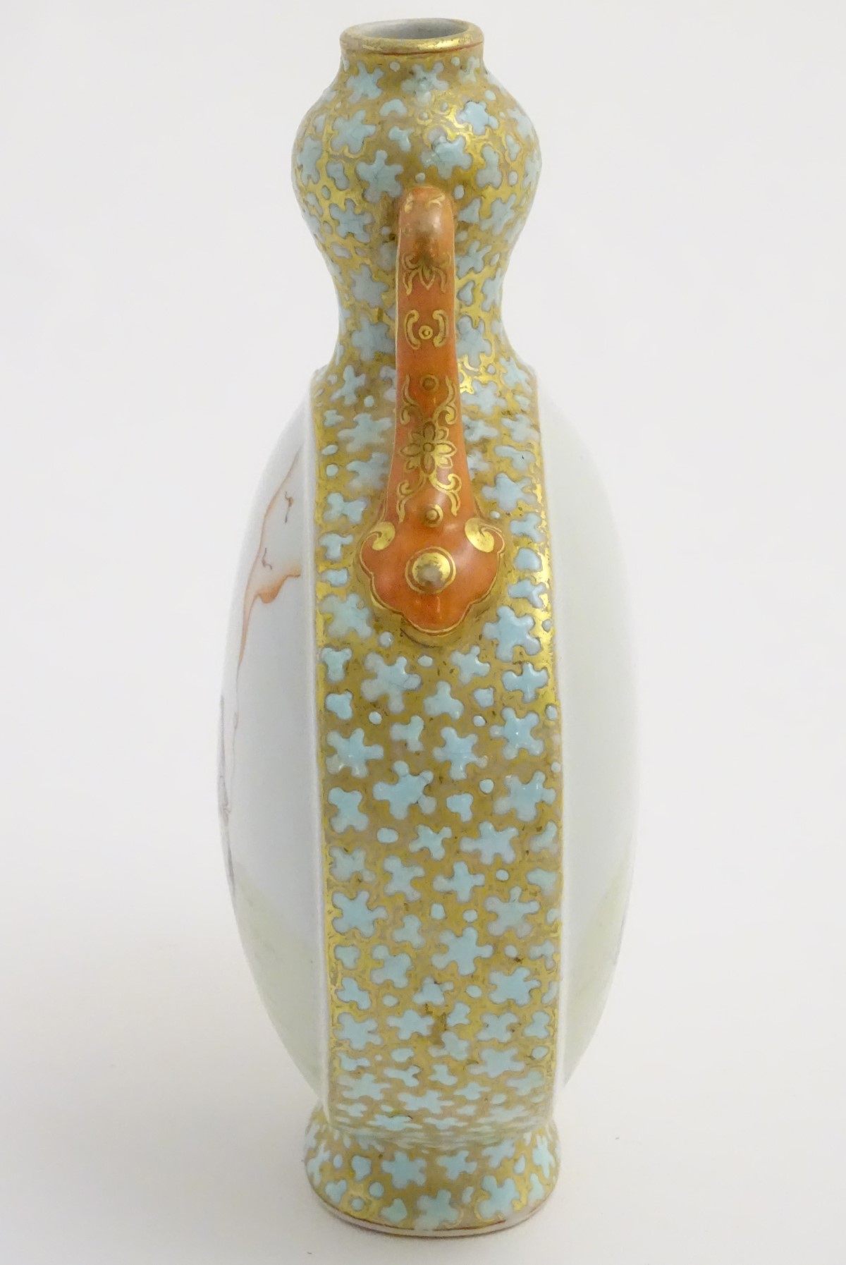 A Chinese twin handled moon vase decorated on one side with a lady and a frog, - Image 6 of 16