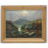 Late XIX, Oil on canvas, River landscape with stone bridge and sheep,