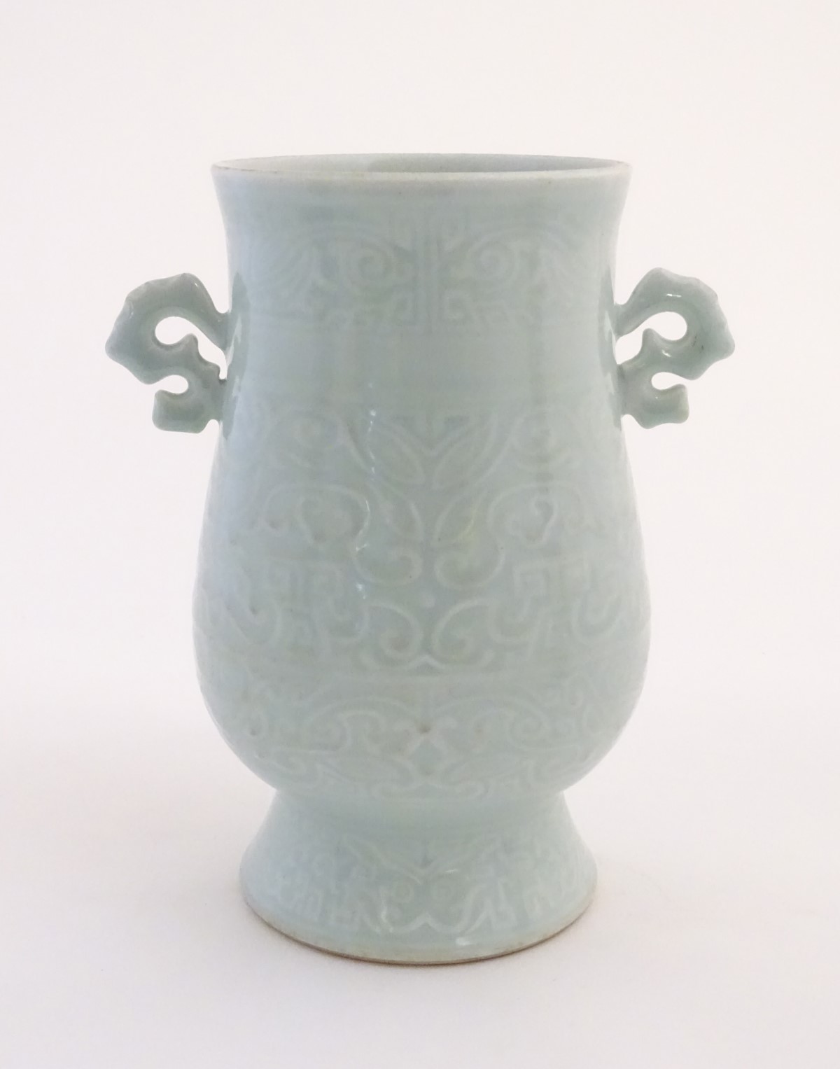 A Chinese celadon 'Jun' shaped vase with scrolling handles, decorated with symbols and patterns. - Image 5 of 8