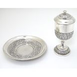 A white metal chalice and cover 5" high together with a paten ( Judaica kiddush cup,