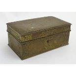 A 19thC brass box/casket with blind fret decoration to corners and sides,