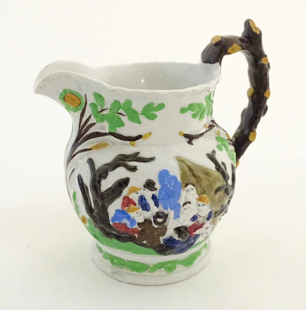 A 19thC Staffordshire Pottery Pratt style jug, depicting figures in a landscape with dogs, a horse, - Image 2 of 8