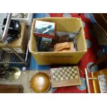 A box of copper and wooden items, etc.