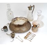 A quantity of silver plated items, together with a claret jug and various decanters,