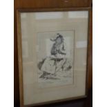 A framed pen and ink image of a lady holding a walking stick CONDITION: Please Note