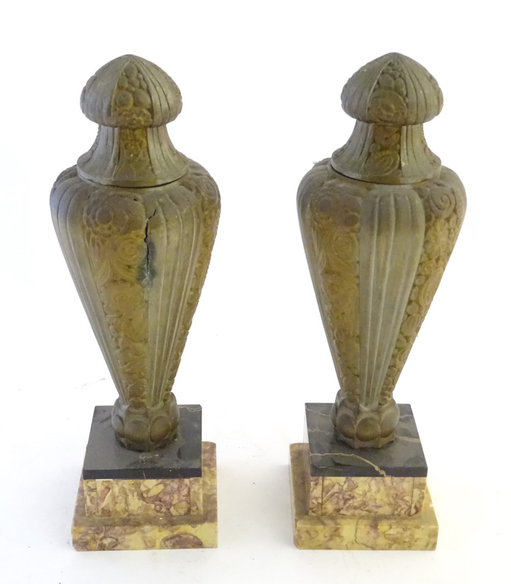 A pair of Art Deco gilded metal and marble lidded urn garnitures on square stepped bases, - Image 2 of 8