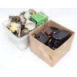 2 boxes of assorted items to include cameras, trophies, metalware,